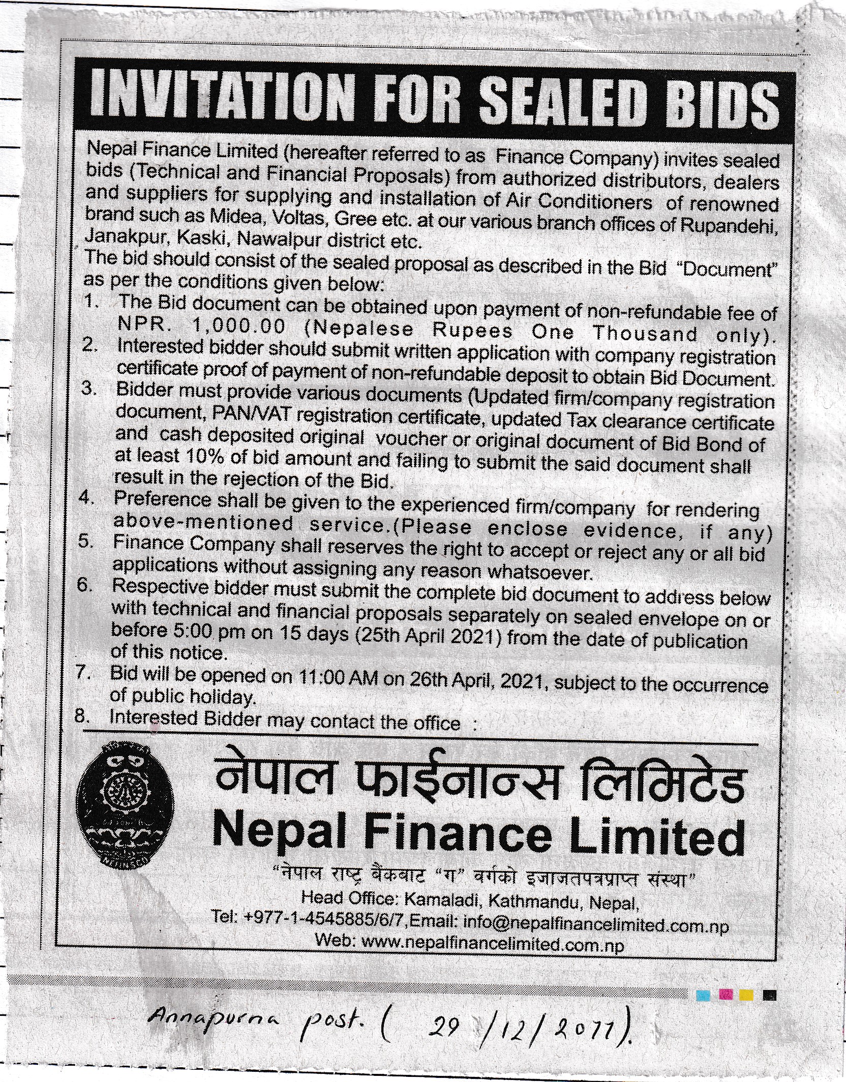 Invitation for sealed BIDS 2077-12-29