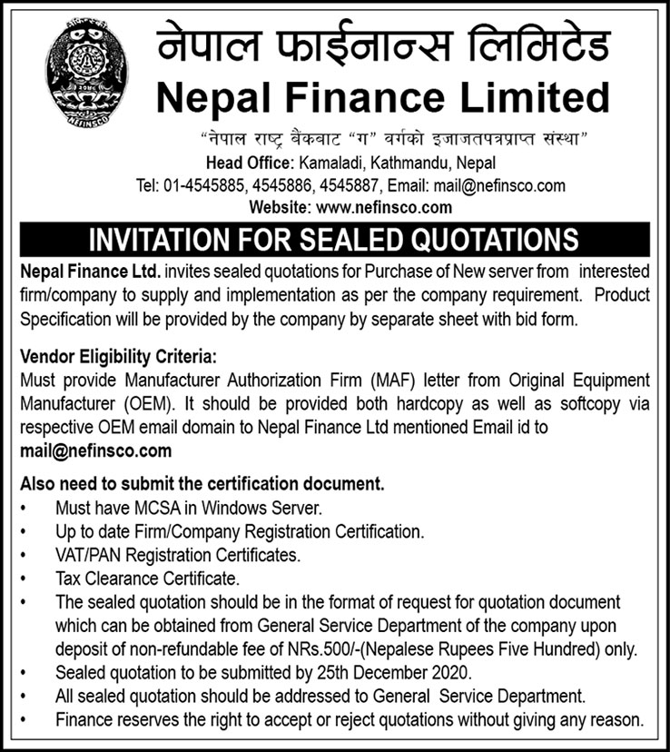 Invitation For Sealed Quotations [2020 Dec- 25]